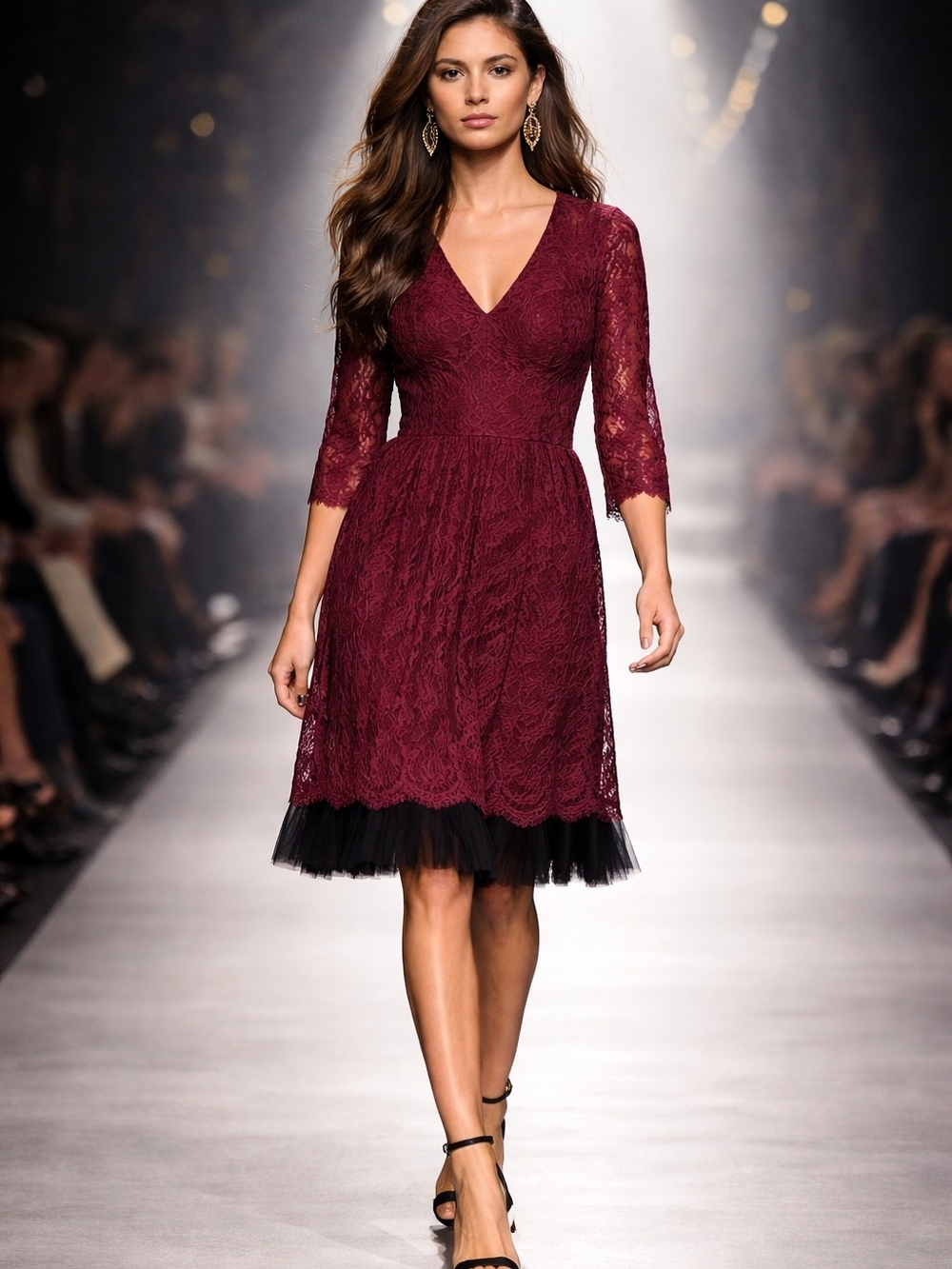 sahalie Burgundy Lace Midi Dress with Black Tulle Hem